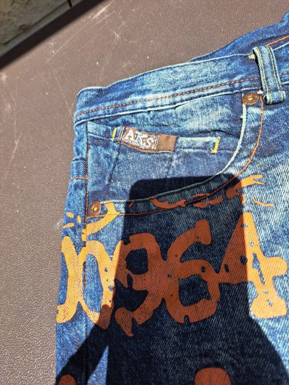 Vintage Akademiks Size 42 Mens Baggy Denim Shorts Orange Graphics Streetwear